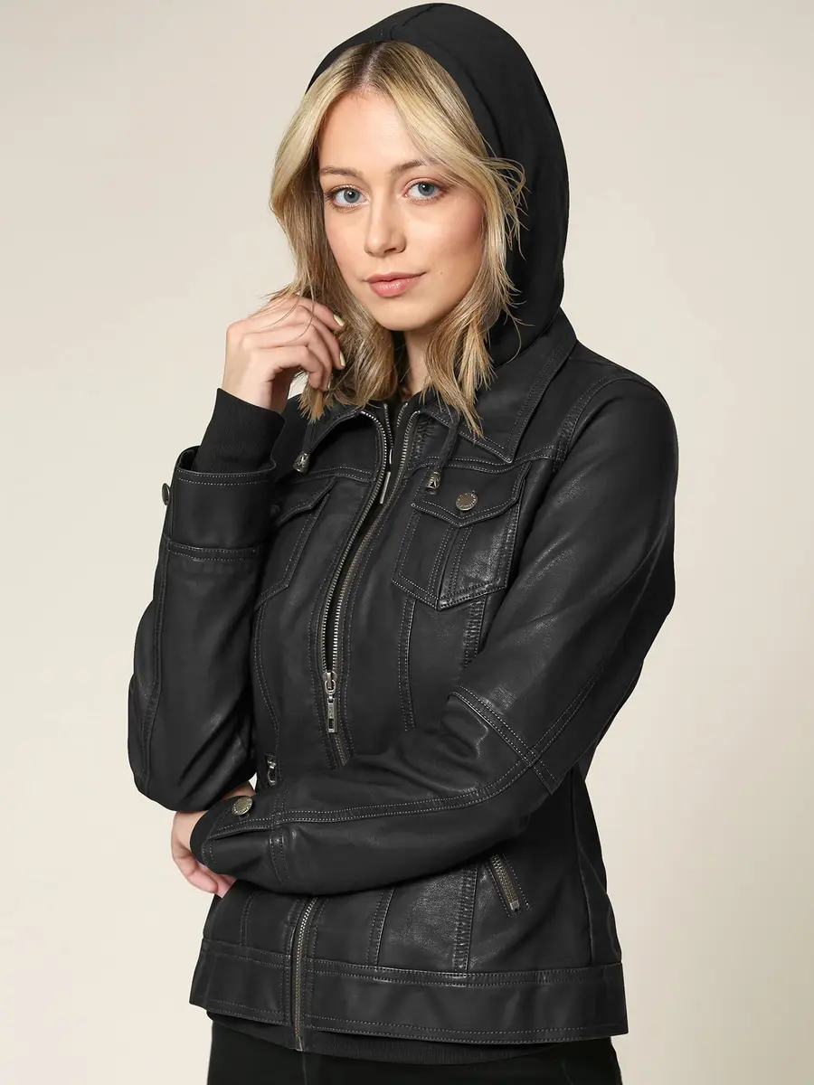 Lock and Love LL WJC664 Women's Faux Leather Moto Biker Jacket with Removable Hood – Zip Up Slim Fit Short Coat with Pockets S BLACK | Edgy & Practical - view 2