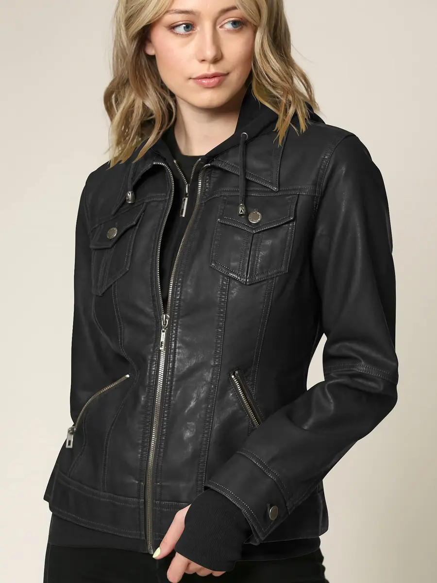 Lock and Love LL WJC664 Women's Faux Leather Moto Biker Jacket with Removable Hood – Zip Up Slim Fit Short Coat with Pockets S BLACK | Edgy & Practical - view 3