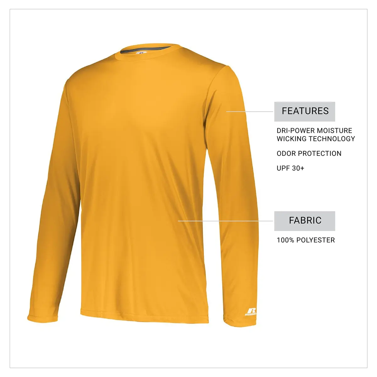 Russell Athletic Long Sleeve Performance Tee, Gold, Large | Moisture Wicking & UV Protection - view 4