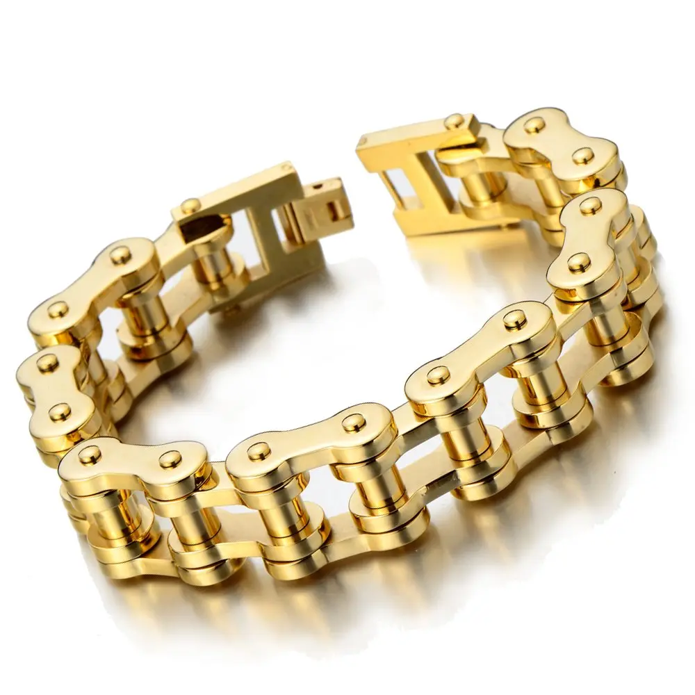 COOLSTEELANDBEYOND Mens Gold-tone Stainless Steel Bike Chain Bracelet | Rugged Industrial Link Jewelry for Men - main product image