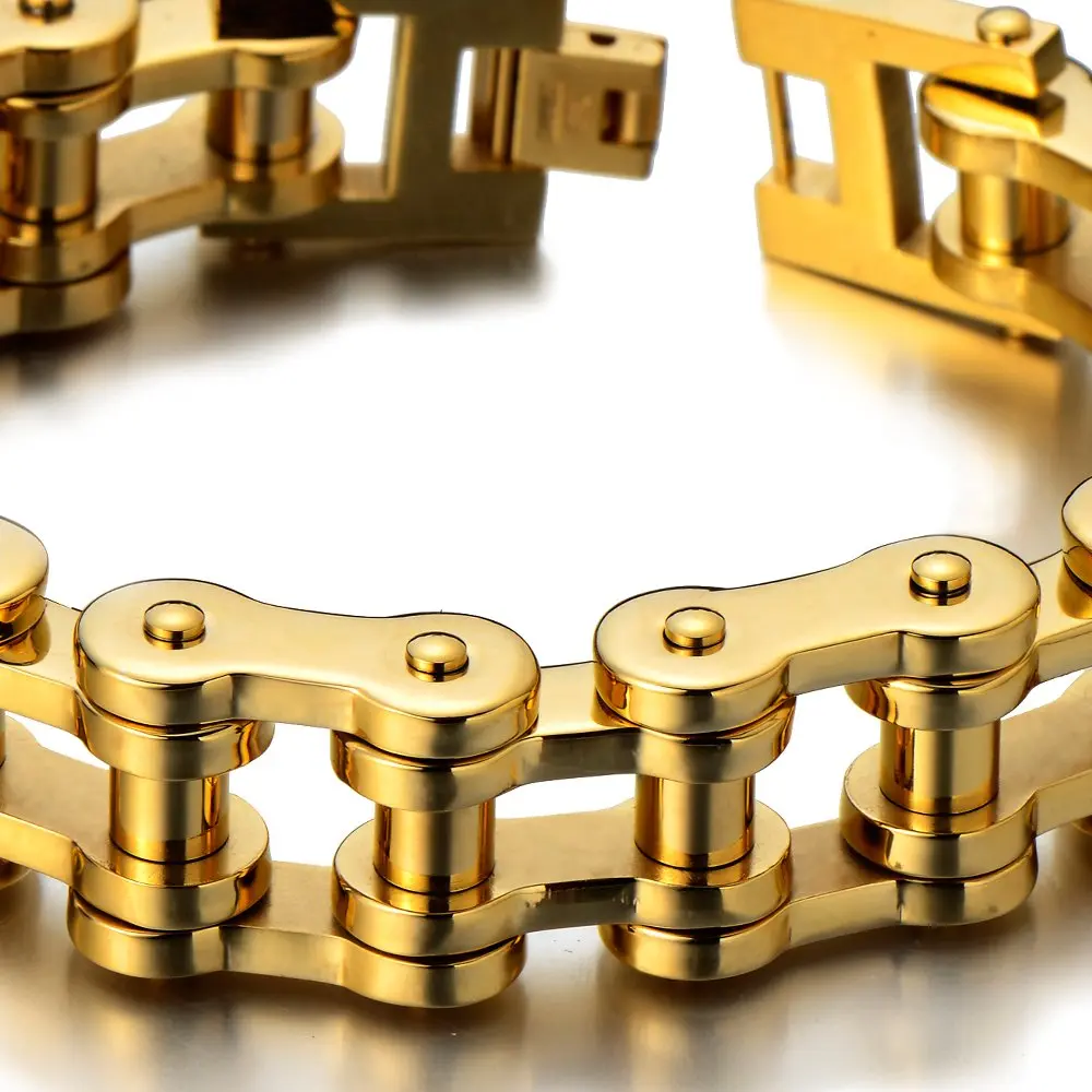 COOLSTEELANDBEYOND Mens Gold-tone Stainless Steel Bike Chain Bracelet | Rugged Industrial Link Jewelry for Men - view 3