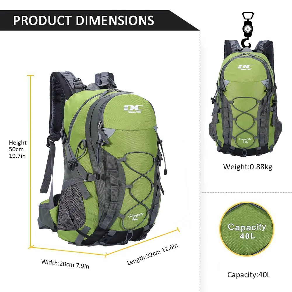 Diamond Candy 40L Hiking Backpack Waterproof Daypack for Men and Women | 40L Capacity, Waterproof Nylon, Breathable Mesh, Multiple Pockets - view 6