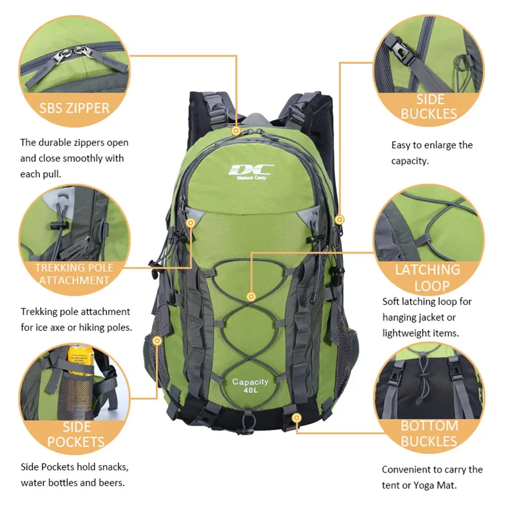 Diamond Candy 40L Hiking Backpack Waterproof Daypack for Men and Women | 40L Capacity, Waterproof Nylon, Breathable Mesh, Multiple Pockets - view 2