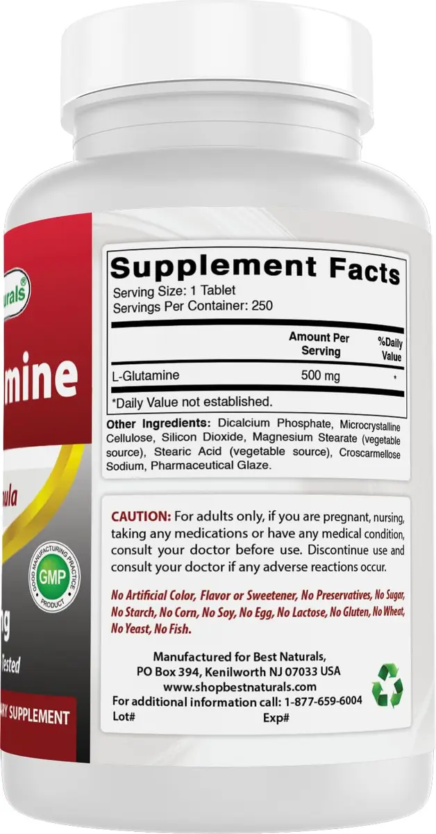 Best Naturals L-Glutamine 500 mg | 250 Tablets for Muscle & Gut Support, Unflavored - view 6