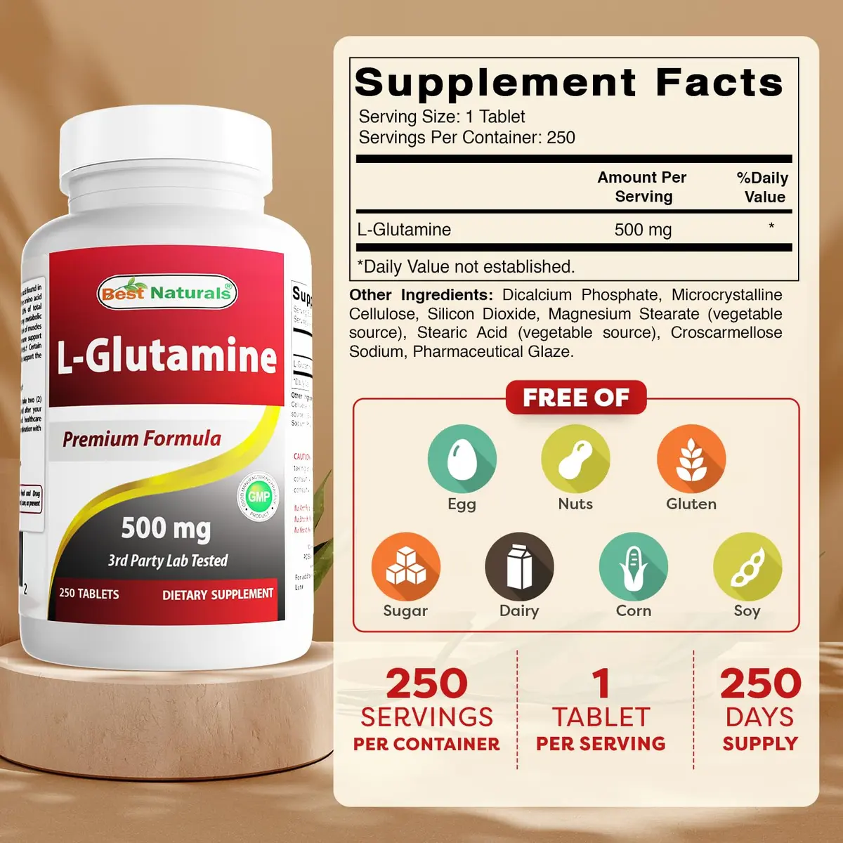Best Naturals L-Glutamine 500 mg | 250 Tablets for Muscle & Gut Support, Unflavored - view 2