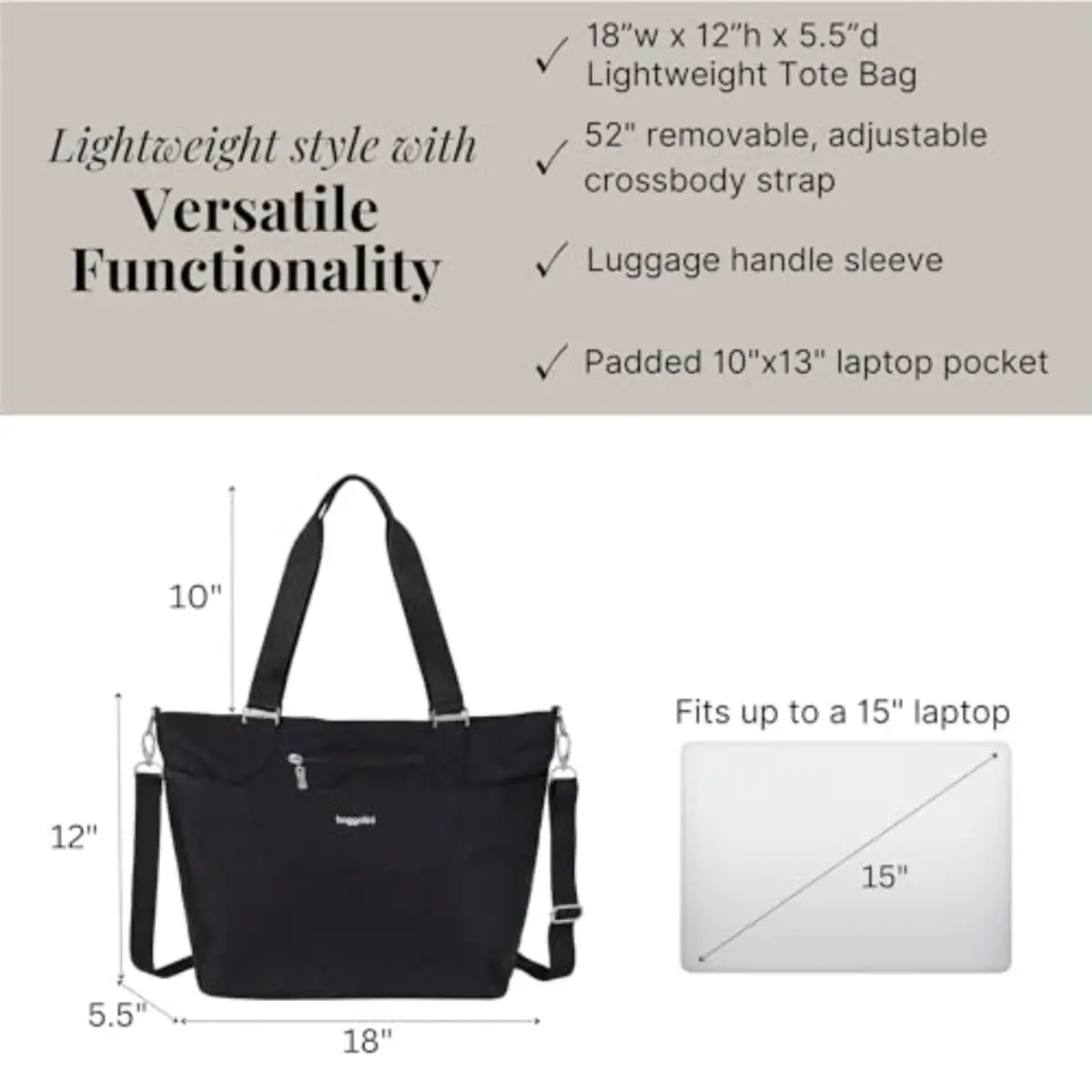 Baggallini Avenue Tote Bag 46cm (18") x 30.5cm (12") | Perfect Carry-On for Travel and Everyday Use - view 6