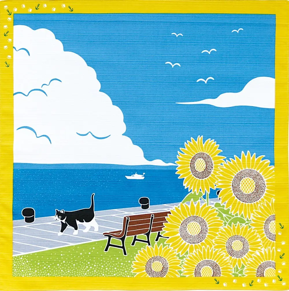 Yamaco Tama Walk Furoshiki Wrapping Cloth 50cm (19.7 x 19.7 inches) | Sunflower Cat Design for Room Decor - main product image