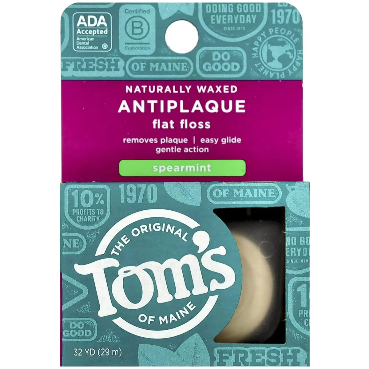 Tom's of Maine Natural Waxed Antiplaque Flat Floss Spearmint 192 Foot (Pack of 2) | ADA Accepted - main product image