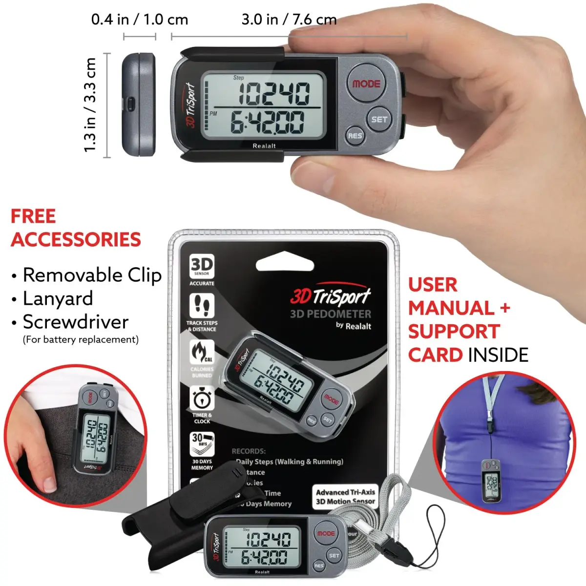 Realalt 3DTriSport Pedometer with Clip & Strap, Accurate Step Counter 30-Day Memory 1.7-inch Display | Tracks Steps, Distance, Calories - view 4