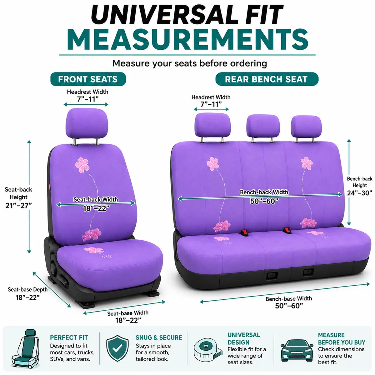 FH Group Full Set Cloth Car Seat Covers - Universal Fit, Low Back, Airbag Compatible, Washable, Purple - view 6