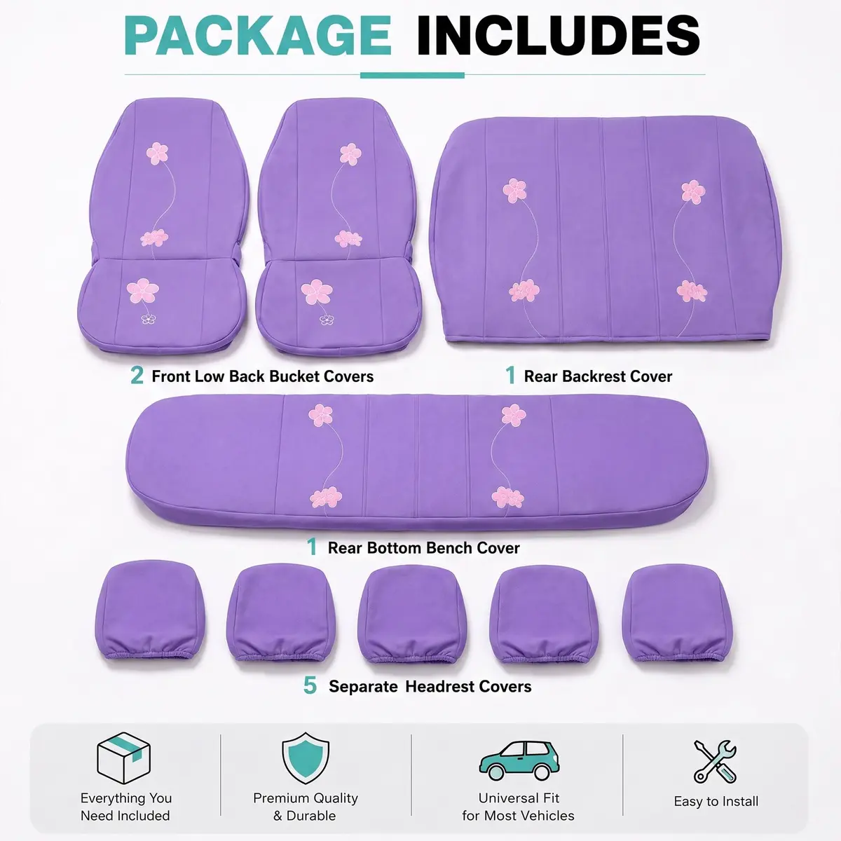 FH Group Full Set Cloth Car Seat Covers - Universal Fit, Low Back, Airbag Compatible, Washable, Purple - view 7
