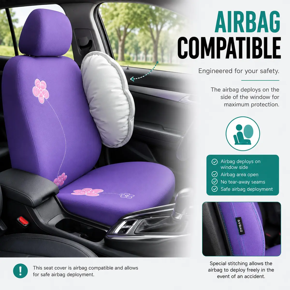 FH Group Full Set Cloth Car Seat Covers - Universal Fit, Low Back, Airbag Compatible, Washable, Purple - view 4