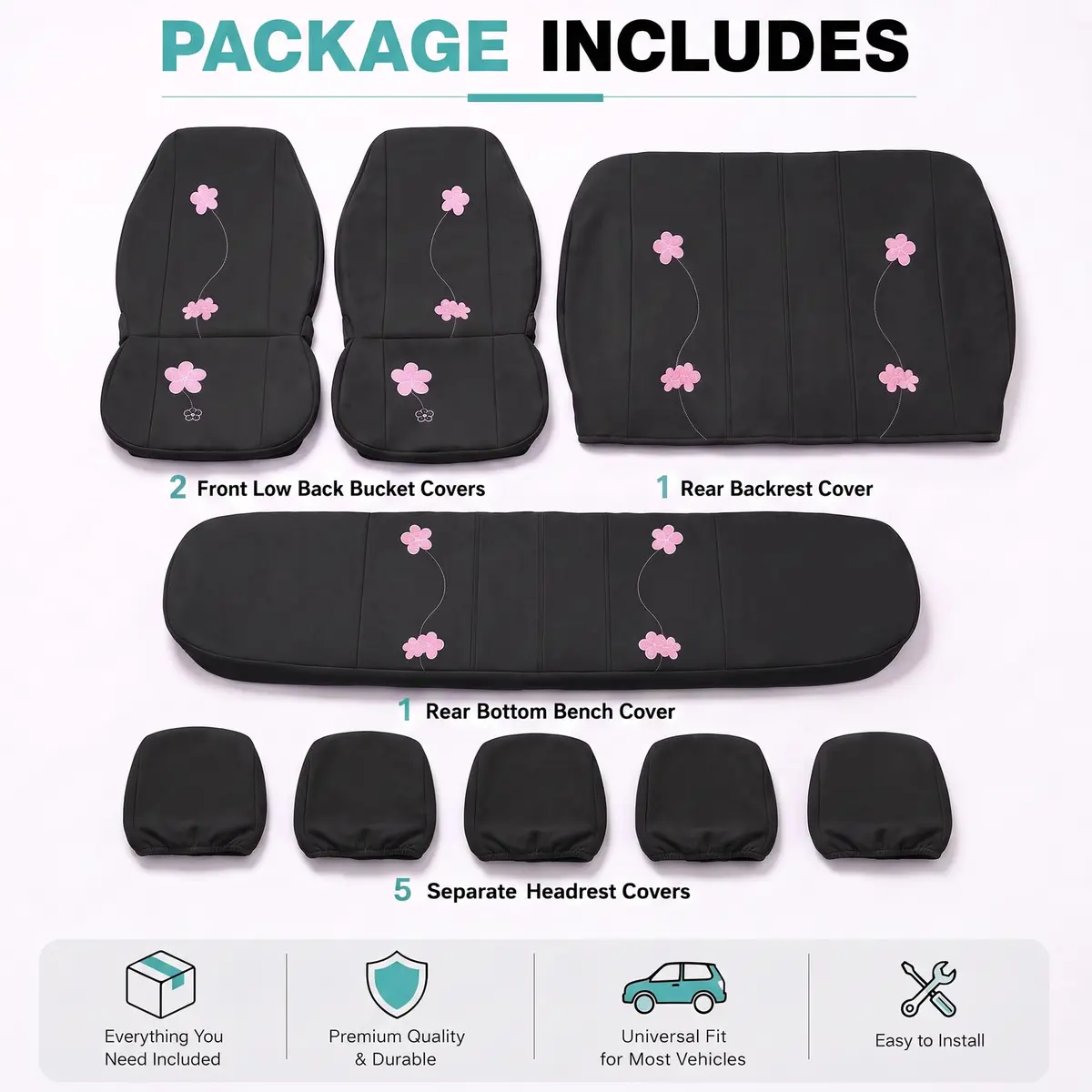 FH Group Full Set Cloth Car Seat Covers, Universal Fit, Low Back, Airbag Compatible, Washable, Black - view 7