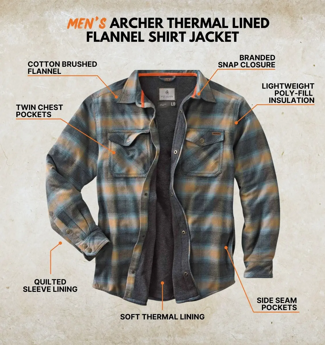 Legendary Whitetails Thermal Lined Shirt Jacket Sky | Insulated Cotton Flannel for Men - view 3