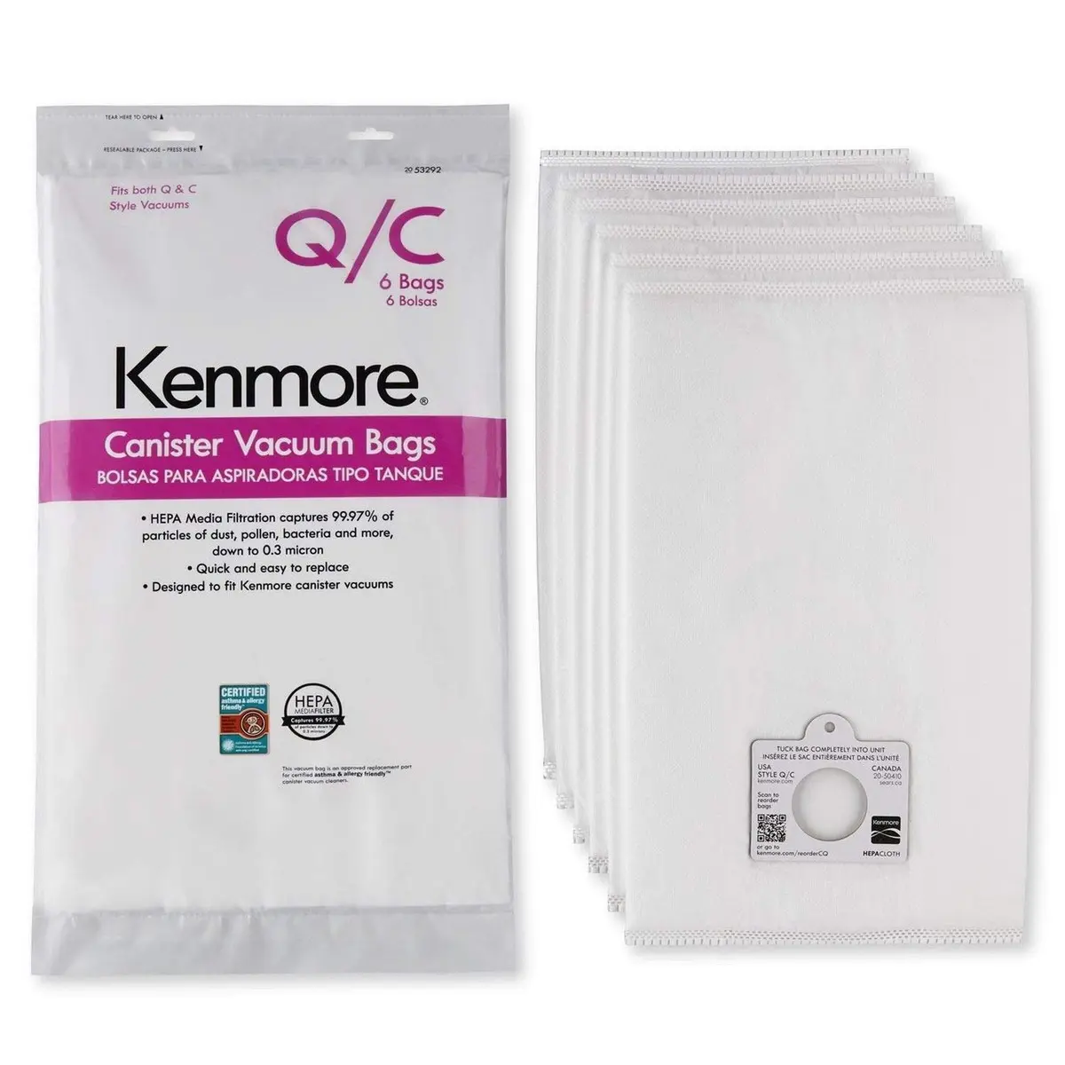 Kenmore Canister Vacuum Bags Type Q & C (6) | HEPA Filtration, Easy to Install, Certified for Asthma & Allergy (70-120 chars) - view 2