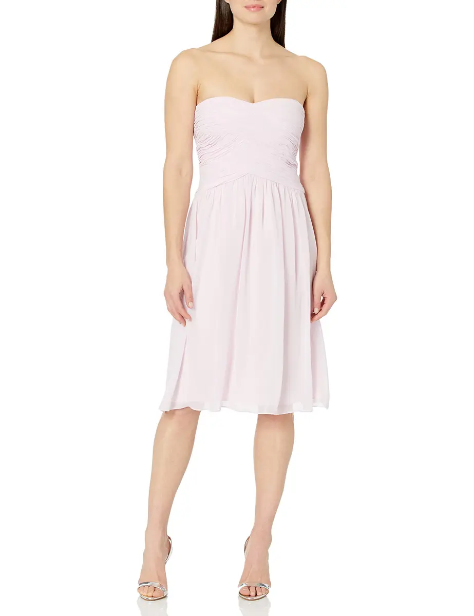 Donna Morgan Anne Short Strapless Chiffon Dress Petal 14 | Knee-Length, Sweetheart Neck, Pink - main product image