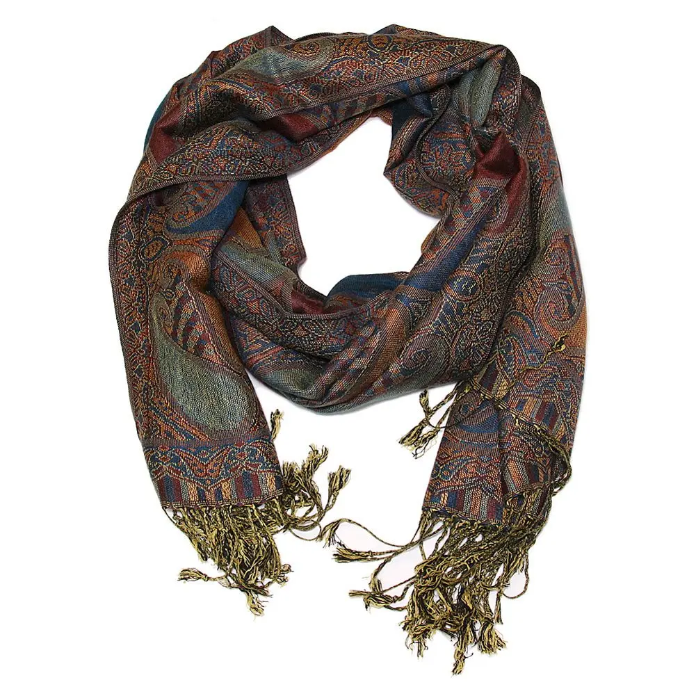 Falari Women's Woven Pashmina Shawl Wrap Scarf 80" x 27" Brown Navy | Elegant & Warm - view 3