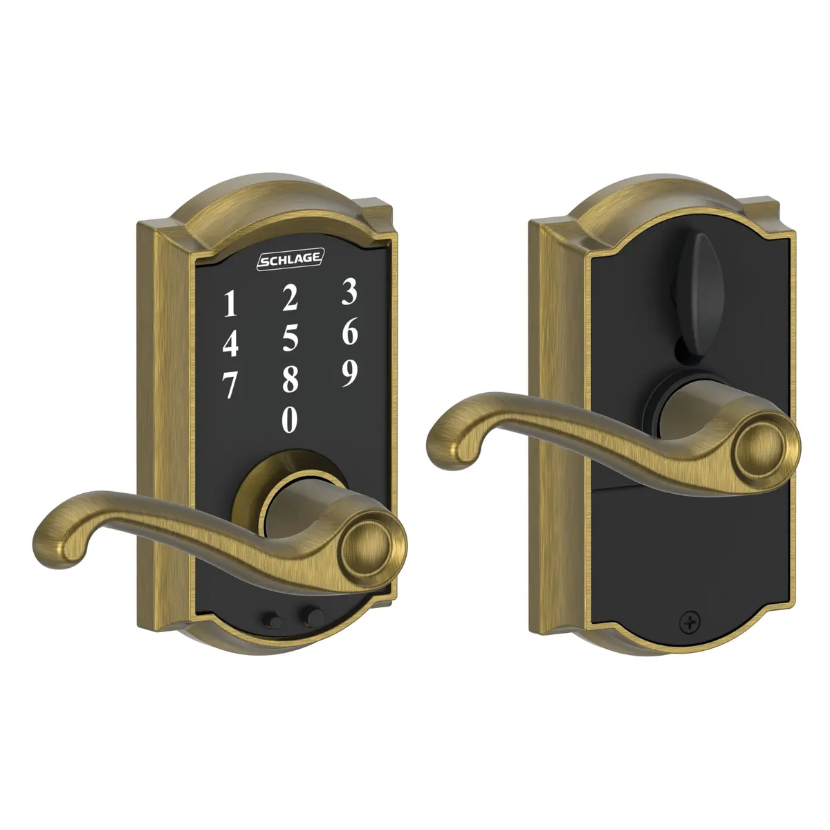 Schlage Touch Electronic Lock, Lever Handle, Camelot Trim, Antique Brass | Keyless Touchscreen Entry - main product image