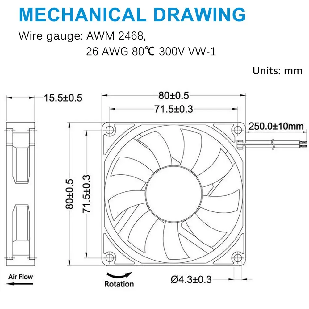 GDSTIME 80mm x 80mm x 15mm 12V Brushless DC Cooling Computer Case Fan 2Pin | 2700 RPM, 32.8 CFM, 27.8 dBA, 1.76 oz - view 8
