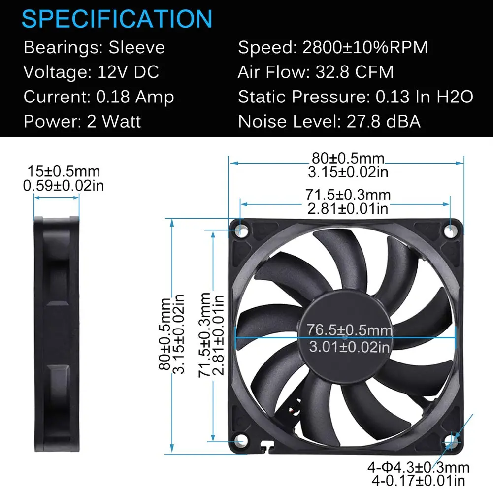 GDSTIME 80mm x 80mm x 15mm 12V Brushless DC Cooling Computer Case Fan 2Pin | 2700 RPM, 32.8 CFM, 27.8 dBA, 1.76 oz - view 2