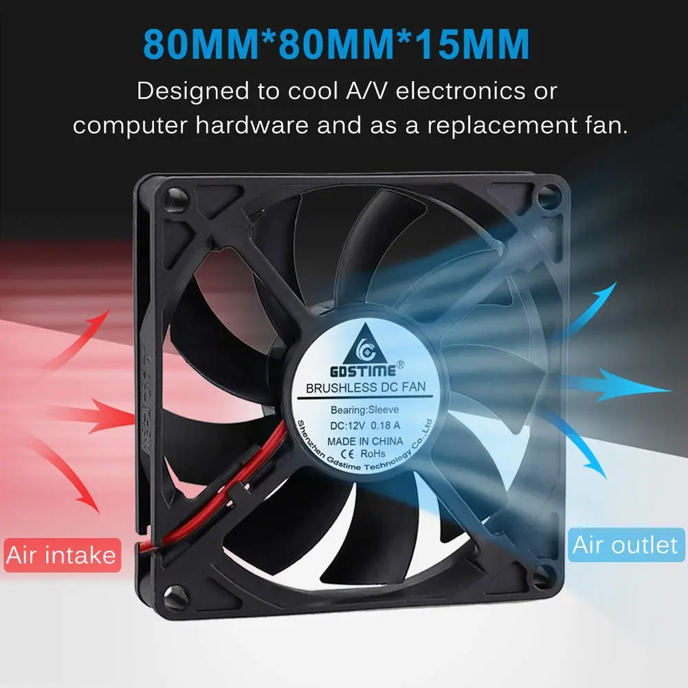 GDSTIME 80mm x 80mm x 15mm 12V Brushless DC Cooling Computer Case Fan 2Pin | 2700 RPM, 32.8 CFM, 27.8 dBA, 1.76 oz - view 4