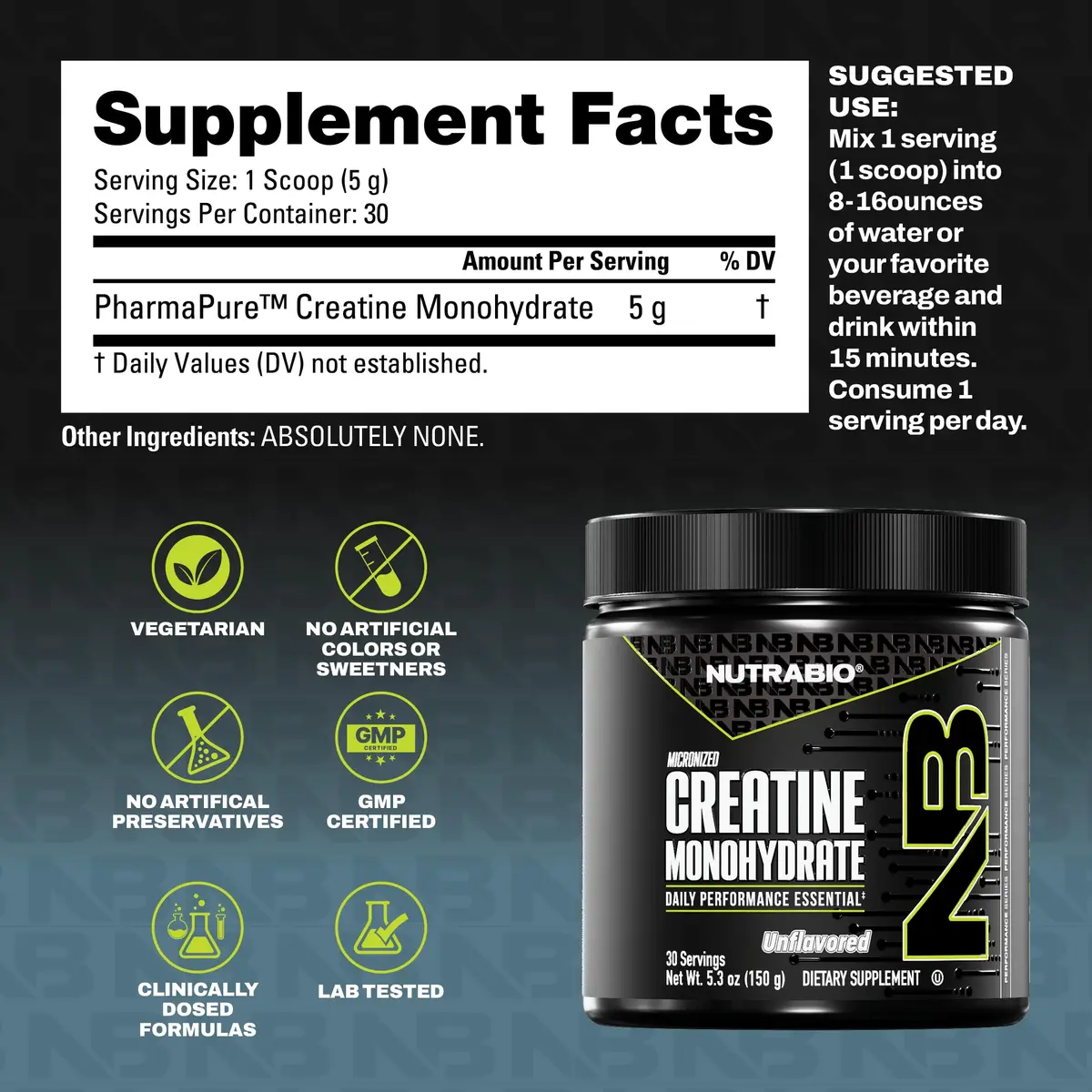 NutraBio Pure Micronized Creatine Monohydrate Powder Supplement, Unflavored (150 g) | Supports Muscle Energy & Recovery - view 3