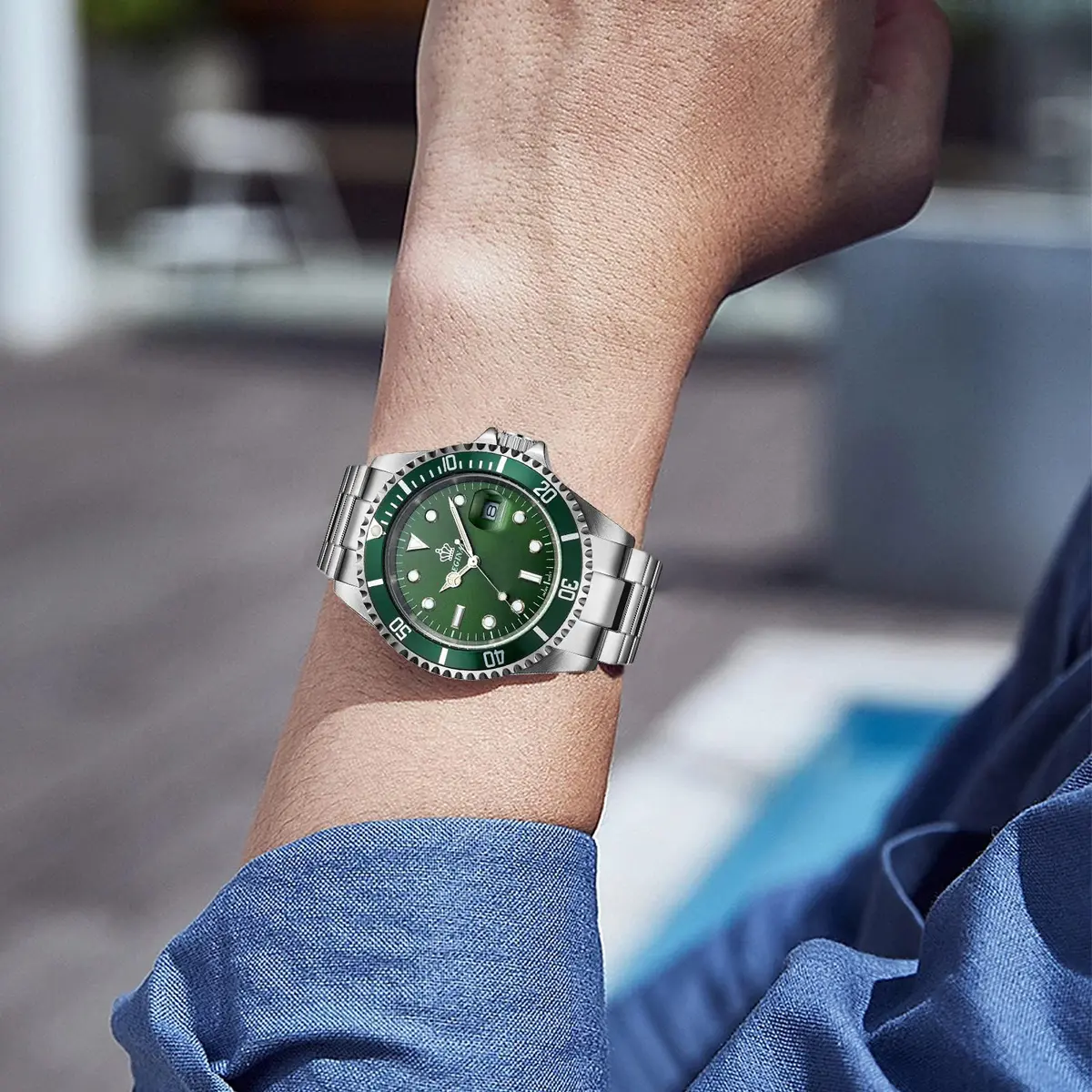 FANMIS Men's Quartz Watch 40mm Green Rotatable Bezel | Luminous Hands, Stainless Steel - view 3