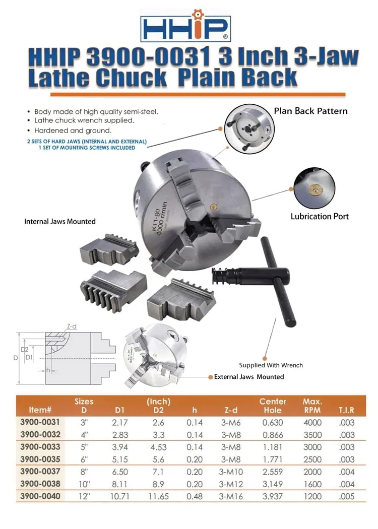 HHIP 3900-0031 3 Inch 3-Jaw Lathe Chuck, Plain Back | High-Quality Semi-Steel, Hardened & Ground - view 7