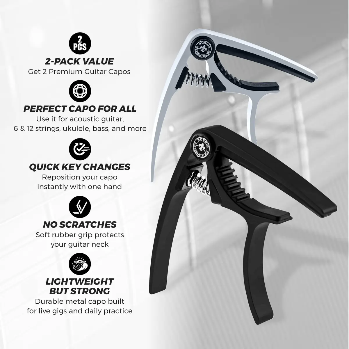 Nordic Essentials Guitar Capo for Electric & Acoustic 6 String | 2 Pack, Aircraft-Grade Aluminum, Travel-Ready - view 2