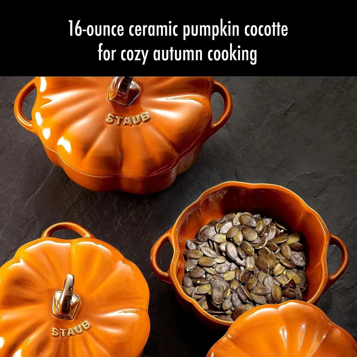 STAUB Ceramic 0.75-qt Petite Pumpkin | Oven & Stove Safe up to 572°F, Burnt Orange - view 2