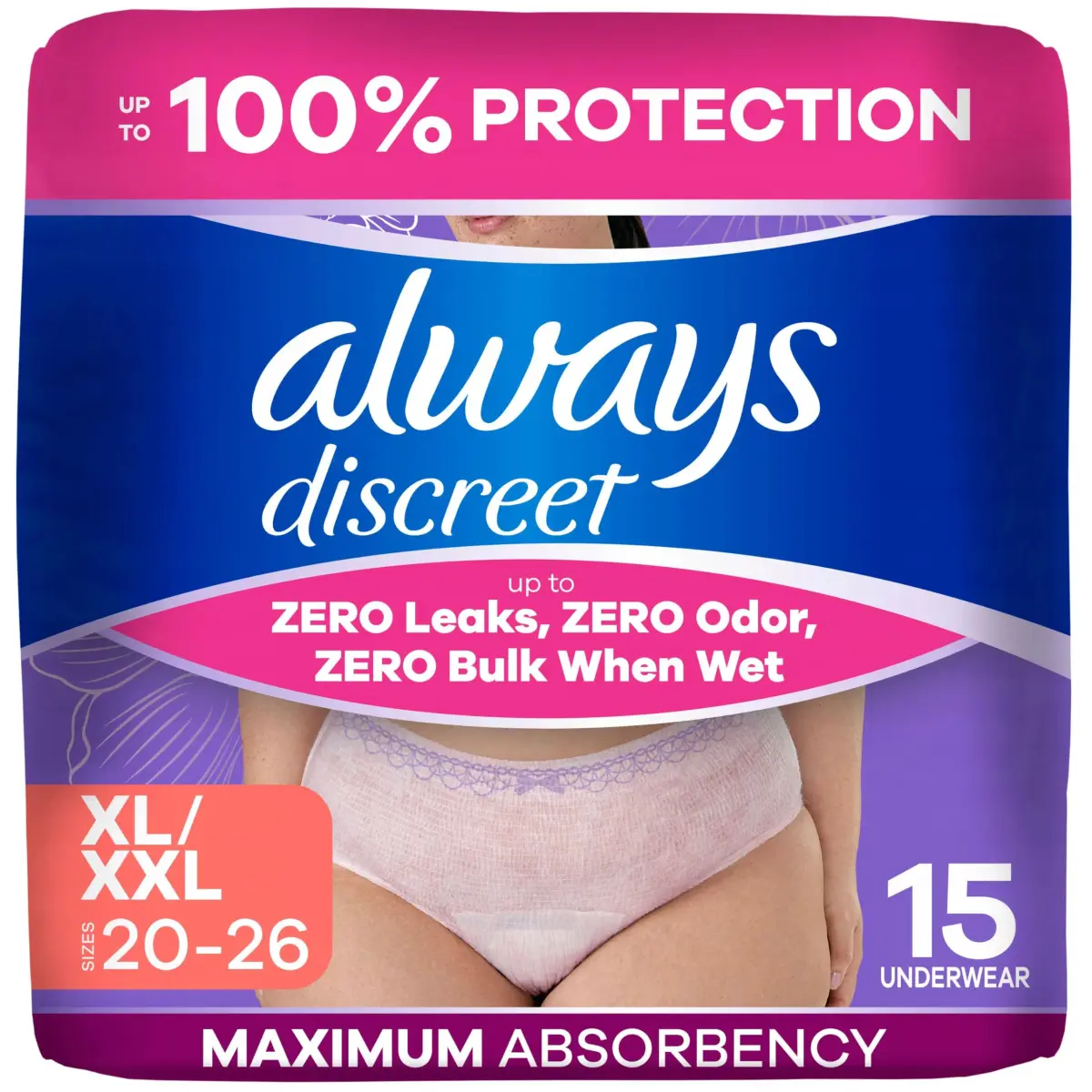 Always Discreet Incontinence Underwear for Women, Extra Large/XL, 15 Count | Max Absorbency, OdorLock Technology, Discreet Fit - main product image