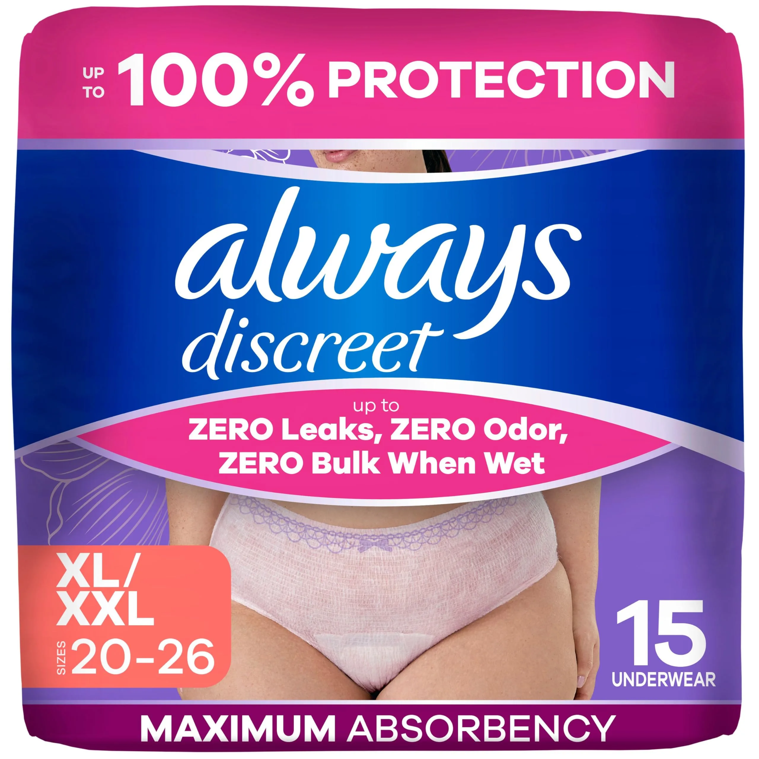 Always Discreet Incontinence Underwear for Women, Maximum Absorbency, XL, 15 Count | USA Imported Postpartum Essentials - main product image