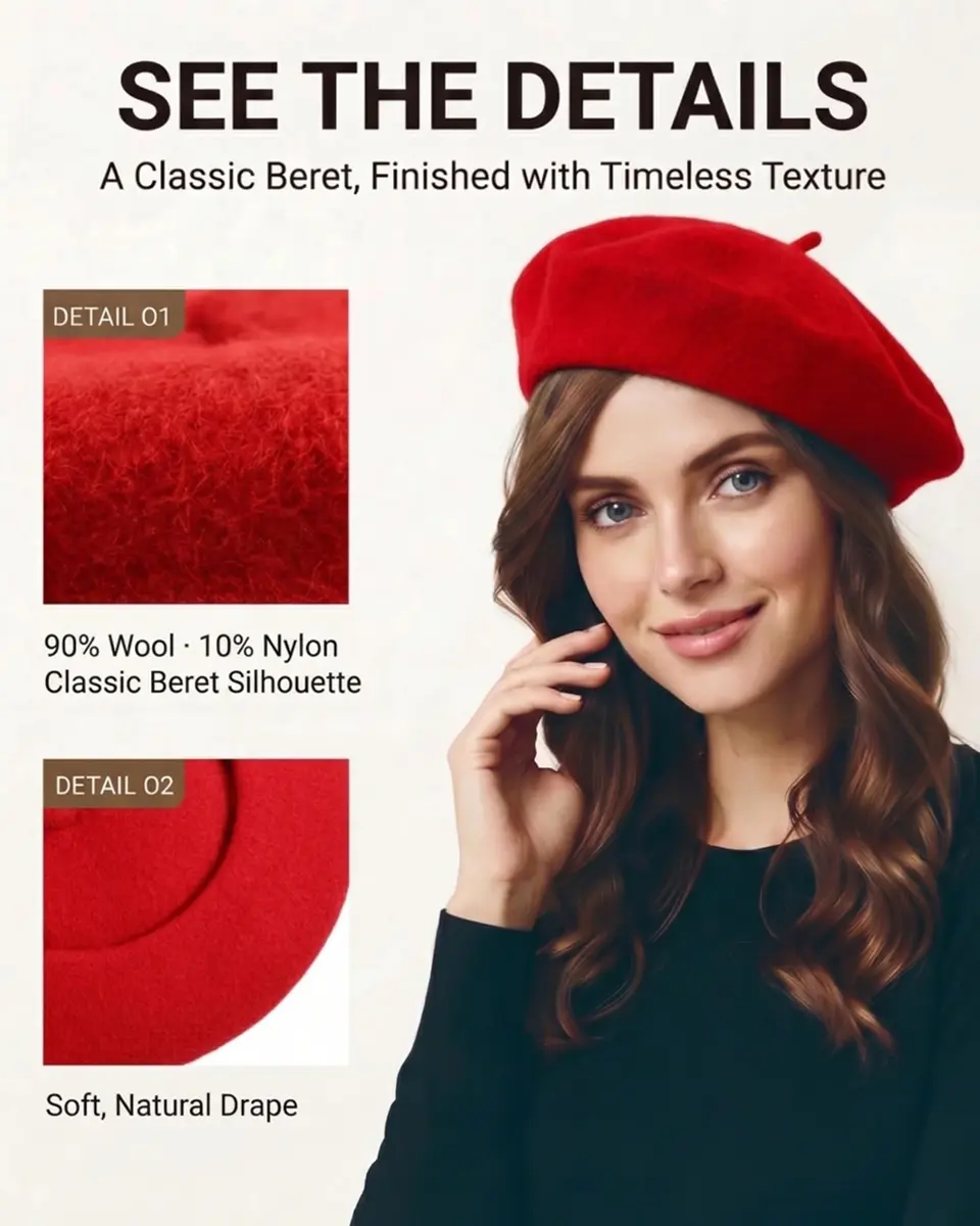 ZLYC Wool Beret Hat Classic Solid Color French Beret for Women Red | Warm, Stylish & Comfortable - view 5