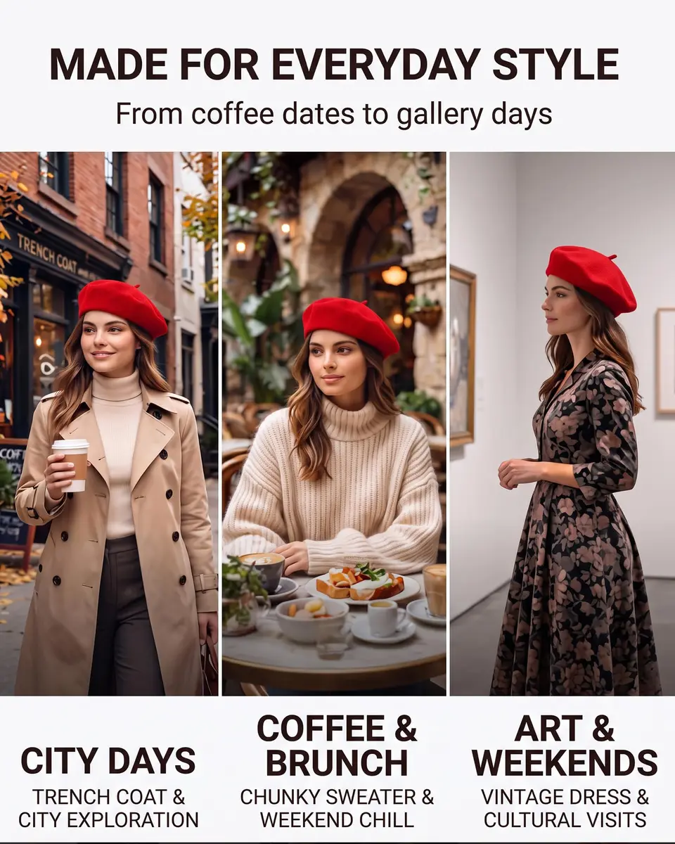 ZLYC Wool Beret Hat Classic Solid Color French Beret for Women Red | Warm, Stylish & Comfortable - view 6