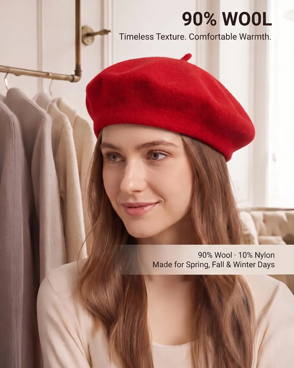 ZLYC Wool Beret Hat Classic Solid Color French Beret for Women Red | Warm, Stylish & Comfortable - view 2