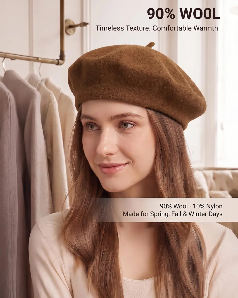 ZLYC Wool Beret Hat Classic Solid Color French Beret for Women Brown | Warm, Stylish & Comfortable - view 2