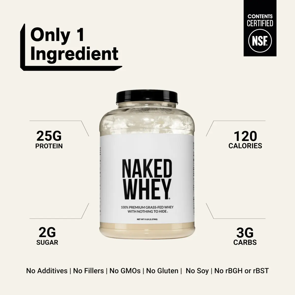 NAKED Whey 5LB Unflavored Grass Fed Protein Powder | NSF Certified, 25g Protein Per Serving - view 3