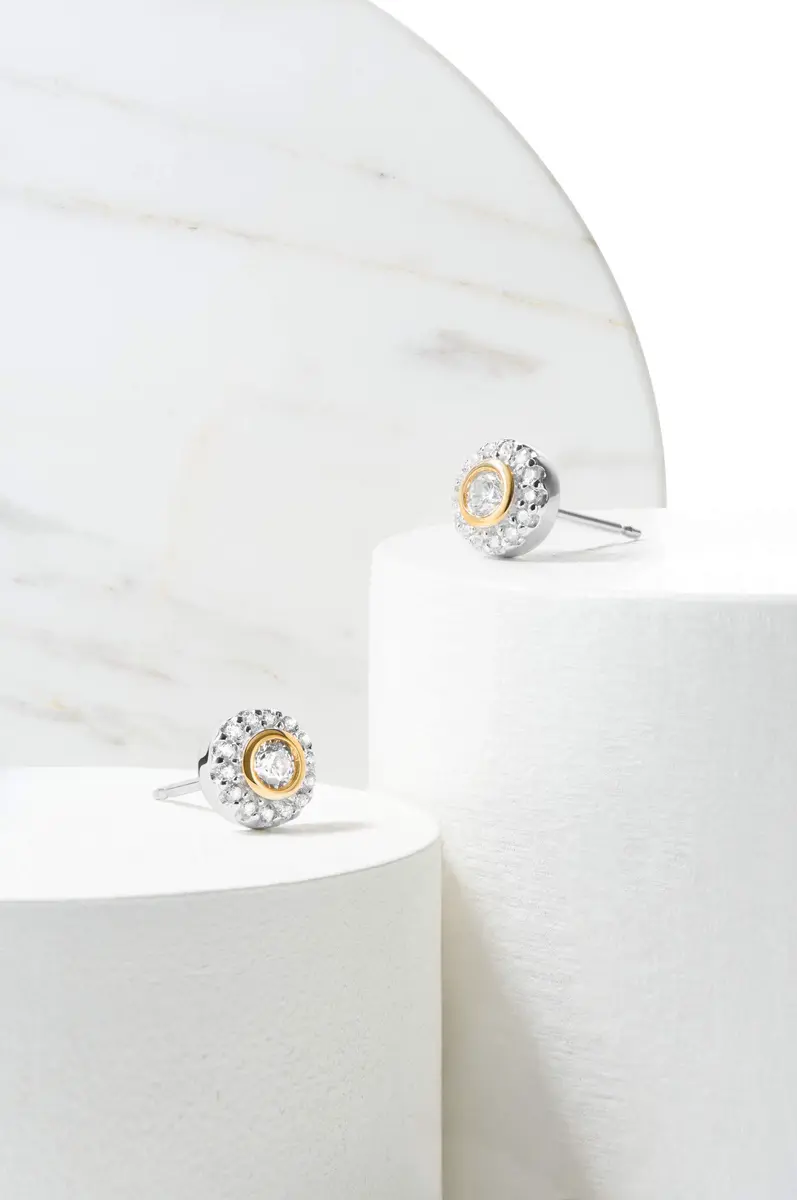 Morgan & Paige Silver 18k Yellow Gold Plated CZ Halo Stud Earrings | Two-Tone Elegant Jewelry - view 6