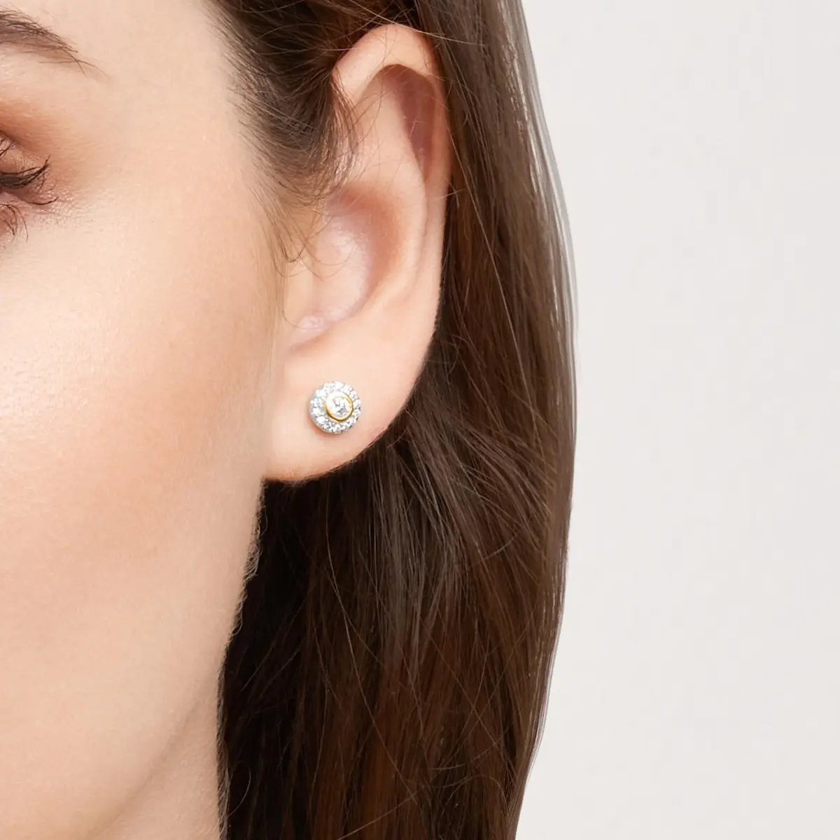 Morgan & Paige Silver 18k Yellow Gold Plated CZ Halo Stud Earrings | Two-Tone Elegant Jewelry - view 2