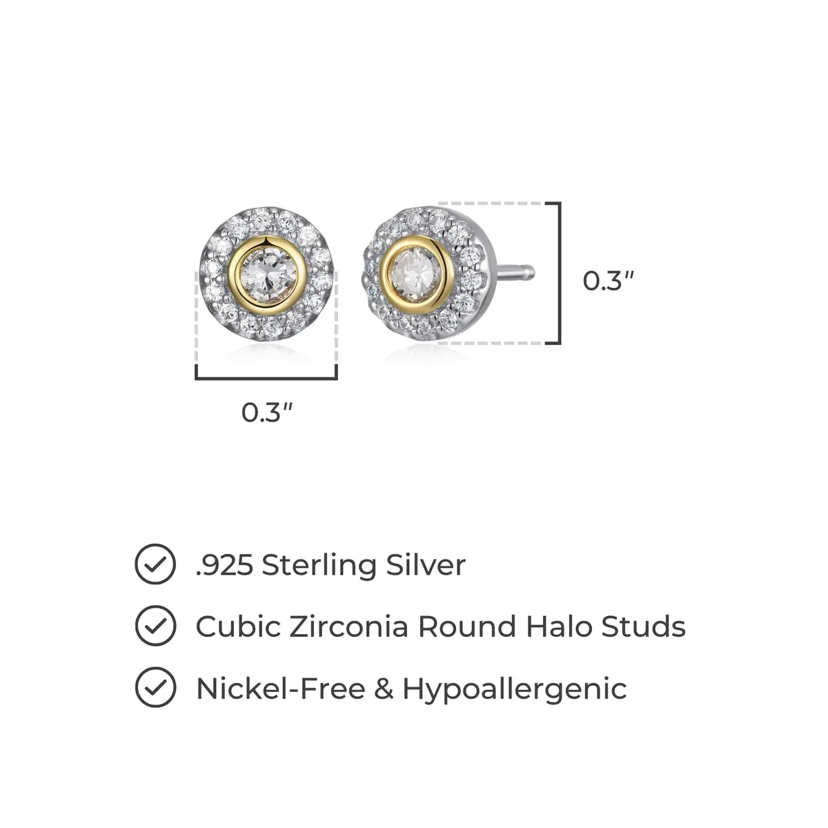 Morgan & Paige Silver 18k Yellow Gold Plated CZ Halo Stud Earrings | Two-Tone Elegant Jewelry - view 3