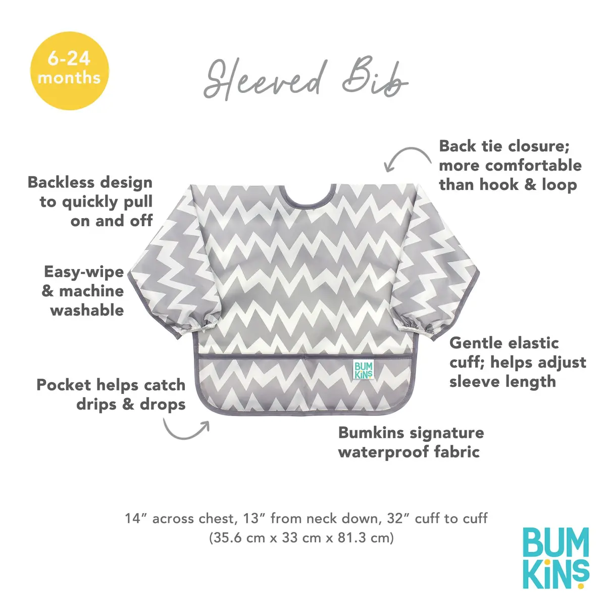 Bumkins Gray Chevron Sleeved Bib for Babies & Toddlers 6-24 Months | Mess-Saving Food Catcher with Waterproof Fabric - view 5