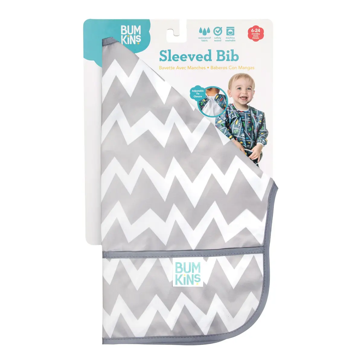 Bumkins Gray Chevron Sleeved Bib for Babies & Toddlers 6-24 Months | Mess-Saving Food Catcher with Waterproof Fabric - view 6