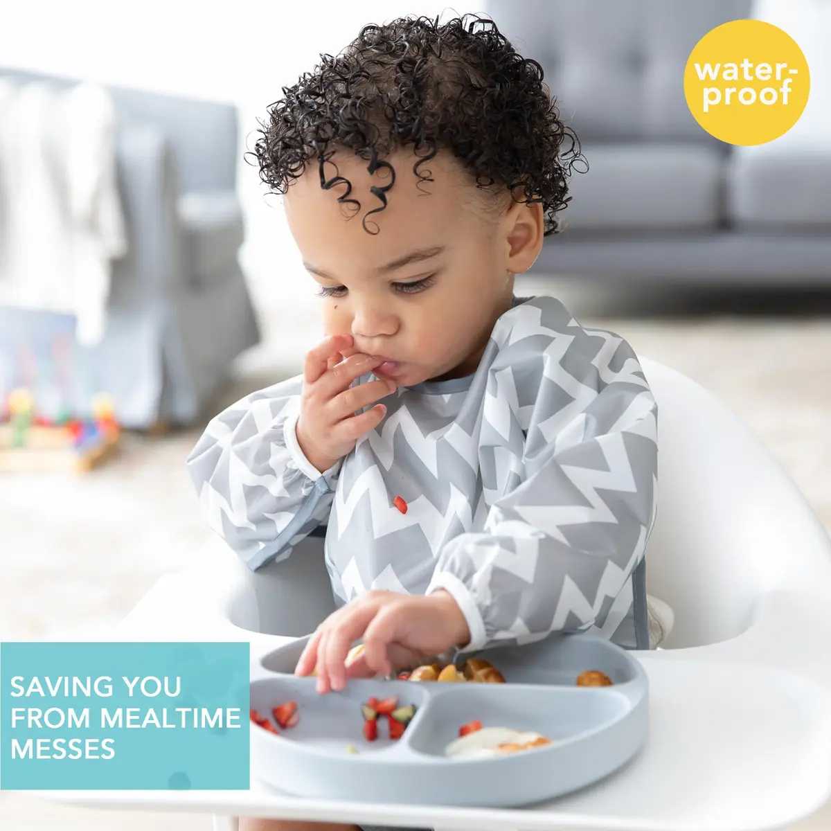Bumkins Gray Chevron Sleeved Bib for Babies & Toddlers 6-24 Months | Mess-Saving Food Catcher with Waterproof Fabric - view 2