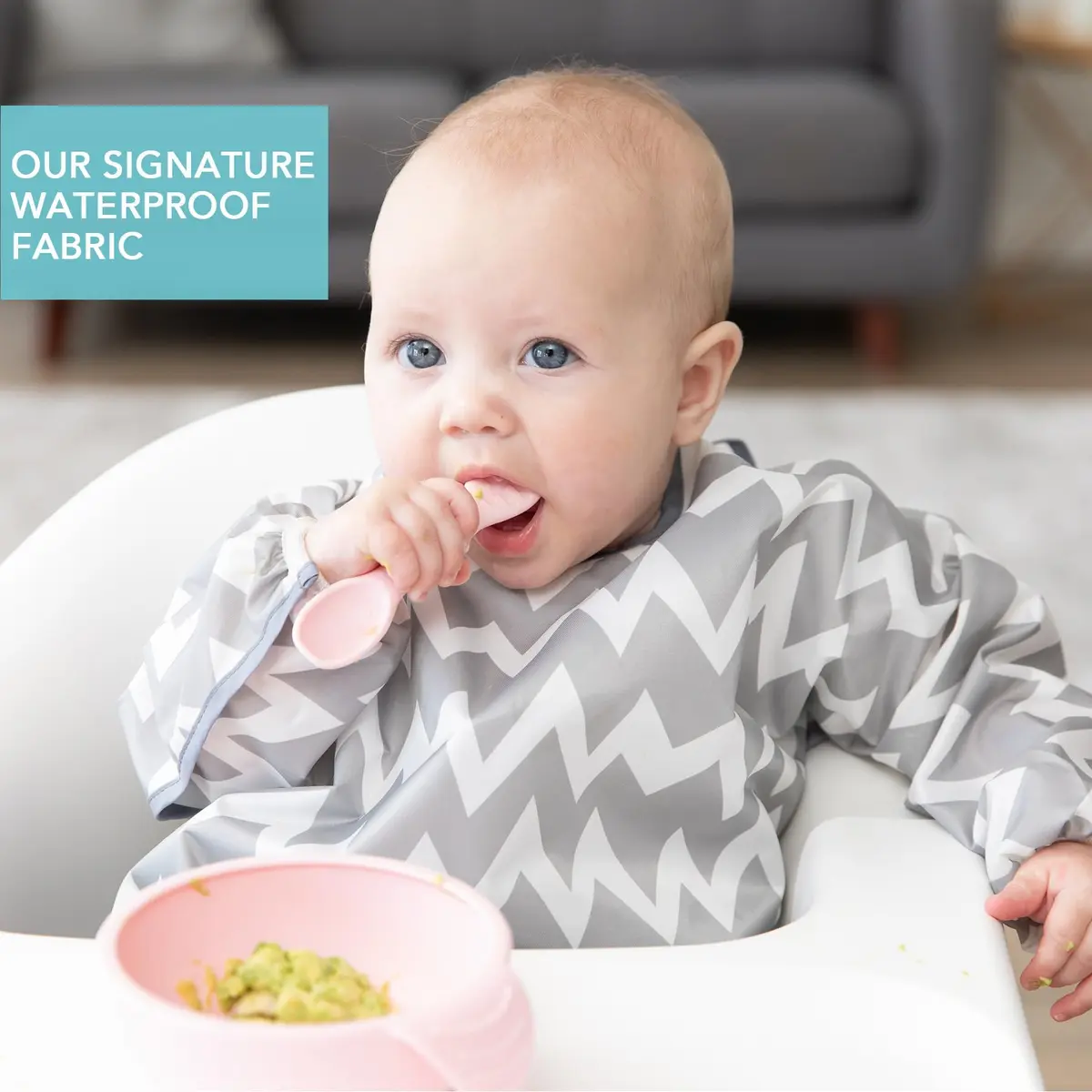 Bumkins Gray Chevron Sleeved Bib for Babies & Toddlers 6-24 Months | Mess-Saving Food Catcher with Waterproof Fabric - view 3