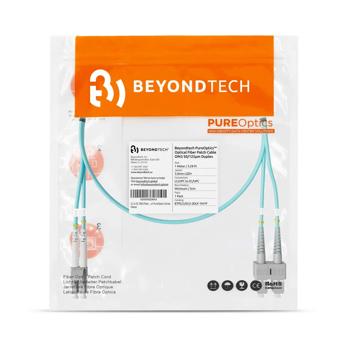 BEYONDTECH 1m (3.28ft) LC to SC Fiber Patch Cable – Multimode Duplex, 50/125µm, 10G, LSZH, Compatible with OM3, Data Center & Enterprise - view 7