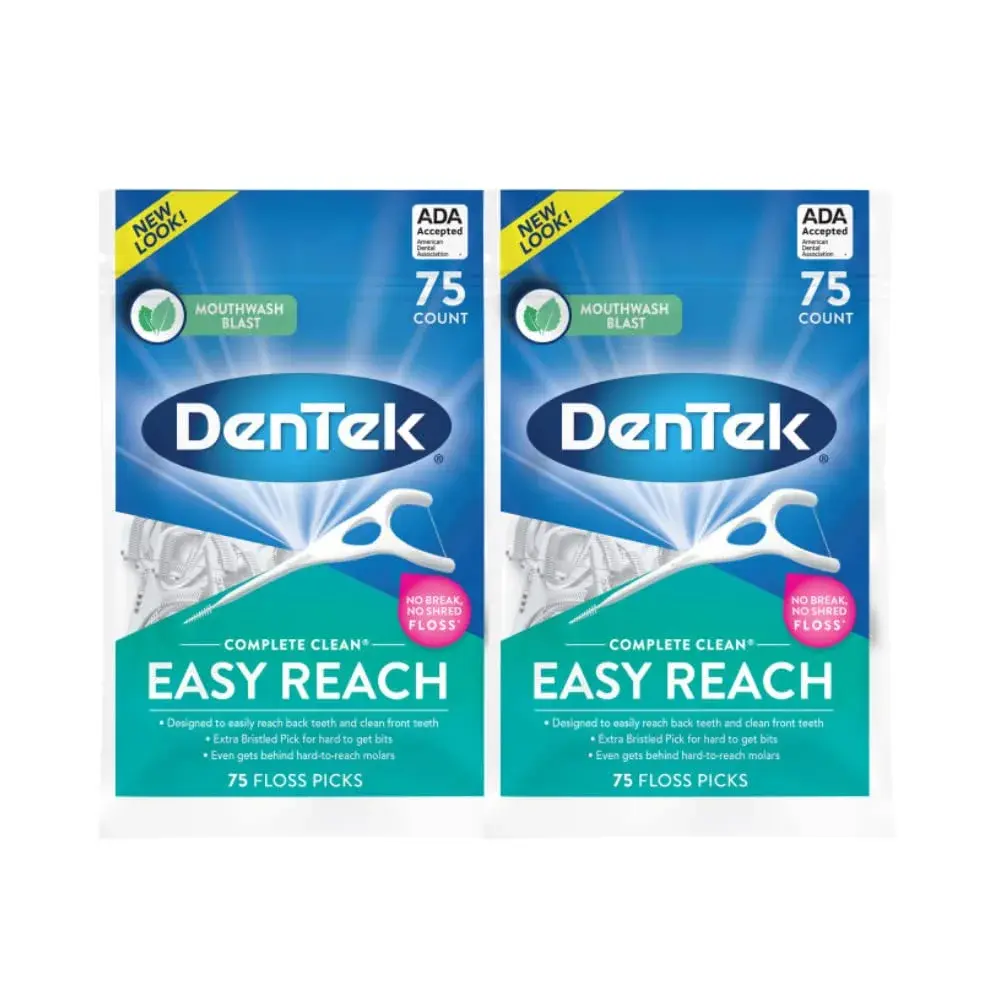 DenTek Complete Clean Easy Reach Floss Picks, Mouthwash Blast Flavor, 150 Count (75 Count x 2) | Advanced Fluoride Coating - main product image