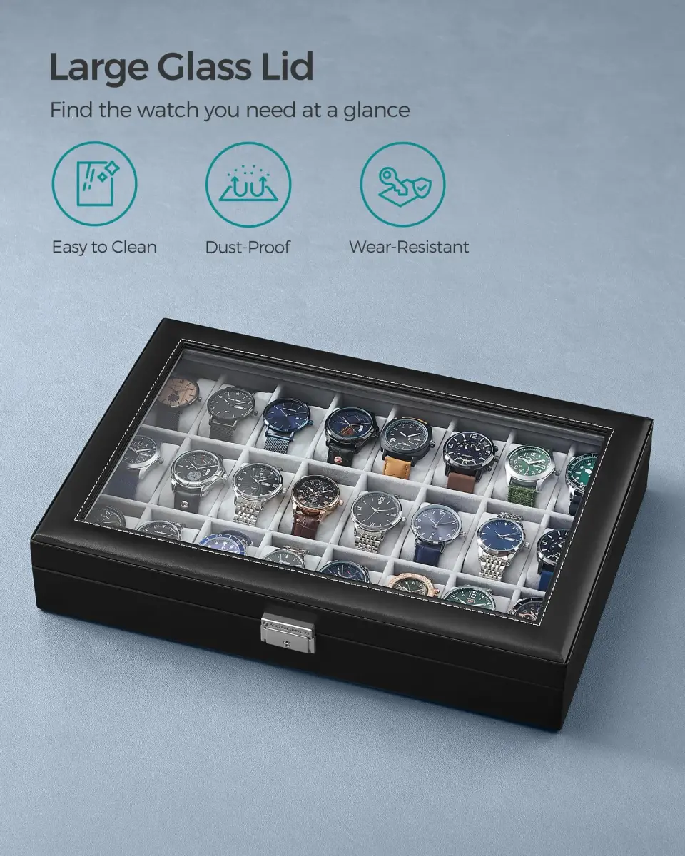 SONGMICS 24-Slot Watch Box Organizer with Glass Lid & Lock | 43.5cm (17.1") L x 29.5cm (11.6") W - view 5