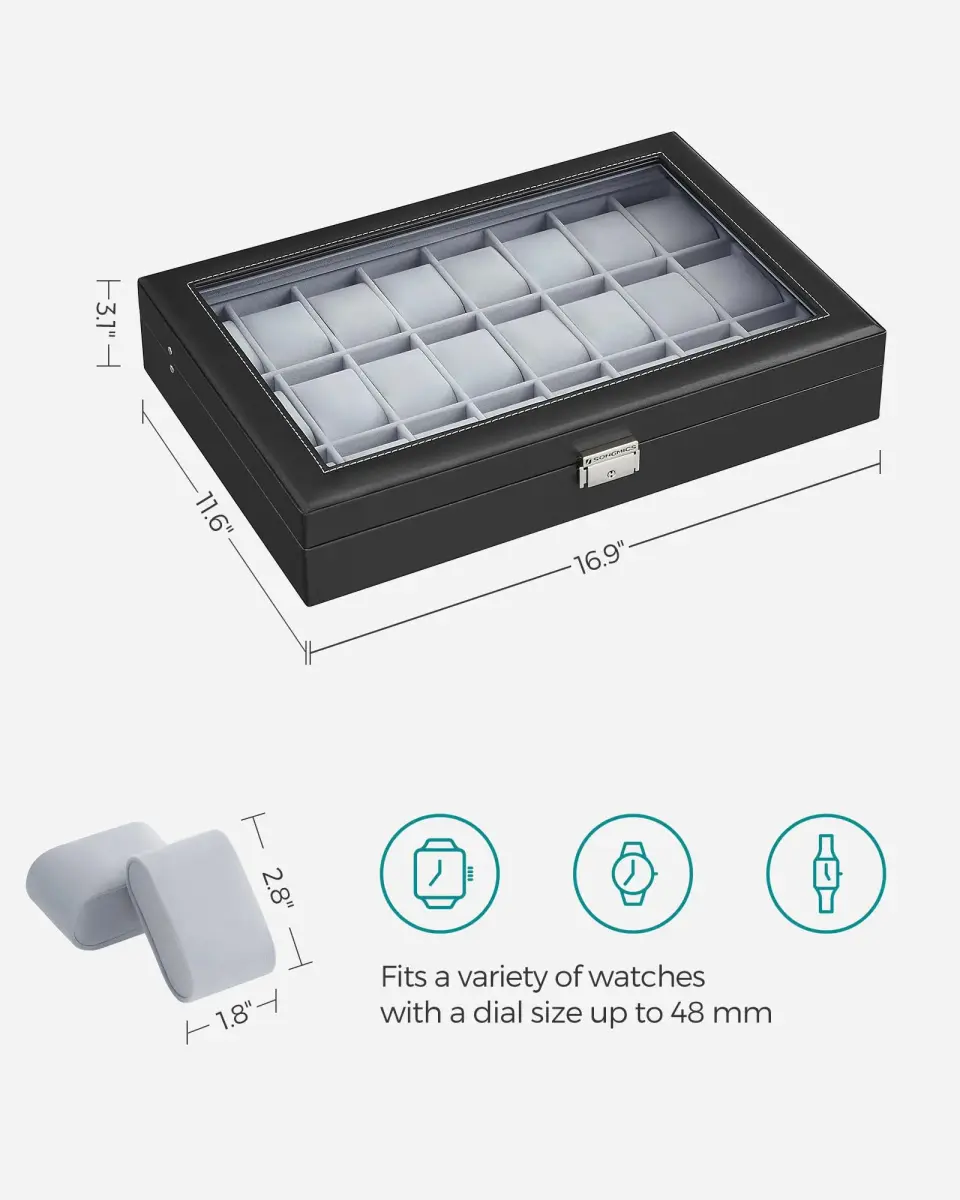 SONGMICS 24-Slot Watch Box Organizer with Glass Lid & Lock | 43.5cm (17.1") L x 29.5cm (11.6") W - view 6