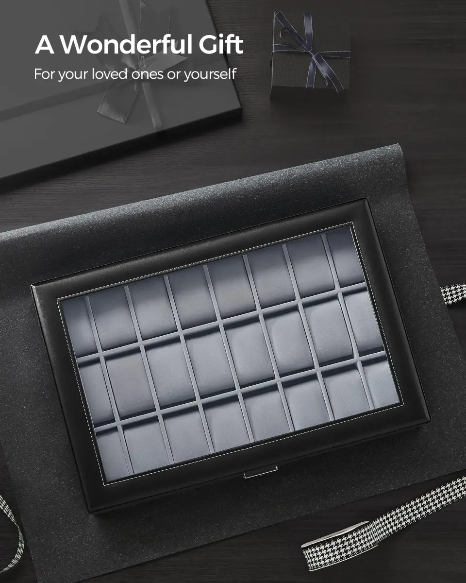 SONGMICS 24-Slot Watch Box Organizer with Glass Lid & Lock | 43.5cm (17.1") L x 29.5cm (11.6") W - view 7