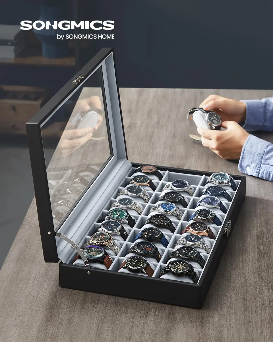 SONGMICS 24-Slot Watch Box Organizer with Glass Lid & Lock | 43.5cm (17.1") L x 29.5cm (11.6") W - view 2